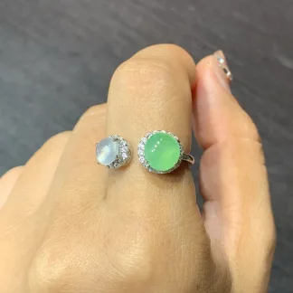 High-Icy White and Green Natural Jadeite Cabochon Ring — S925 Silver · No. 3D94