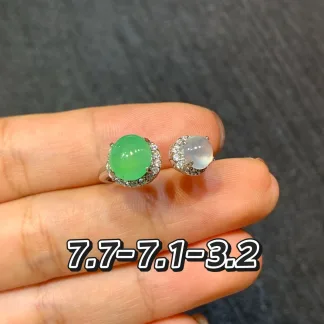 High-Icy White and Green Natural Jadeite Cabochon Ring — S925 Silver · No. 3D94