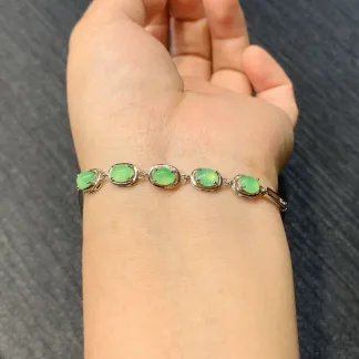 High-Icy Soft Green Natural Jadeite Cabochon Bracelet — S925 Silver · No. D037