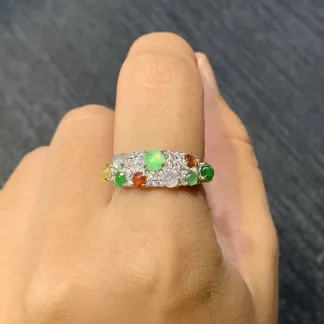 High-Icy Multicolor Natural Jadeite Cabochon Ring — S925 Silver · No. 64B4