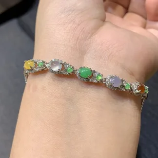Icy Multicolor Natural Jadeite Cabochon Bracelet — S925 Silver · No. C357