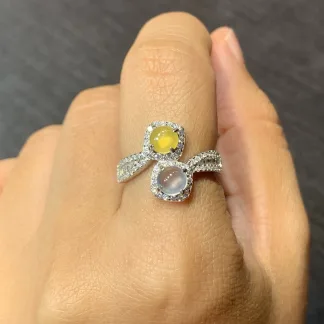 High-Icy White and Yellow Natural Jadeite Cabochon Ring — S925 Silver · No. 4345