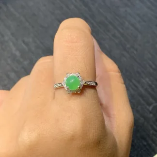 High-Icy Vivid Green Natural Jadeite Cabochon Ring — S925 Silver · No. 0686