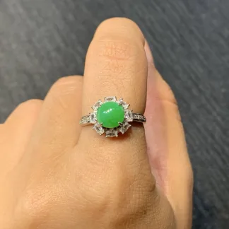 Icy Vivid Green Natural Jadeite Cabochon Ring — S925 Silver · No. 5B43
