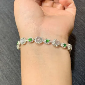 High-Icy Glassy and Vivid Green Natural Jadeite Cabochon Bracelet — S925 Silver · No. 3669