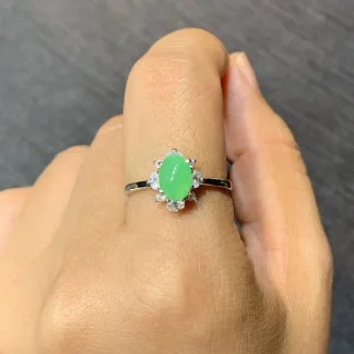 Icy Vivid Green Natural Jadeite Cabochon Ring — S925 Silver · No. B57C