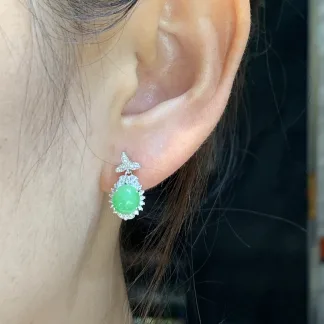 Icy Vivid Green Natural Jadeite Cabochon Stud Earrings — S925 Silver · No. 05A0