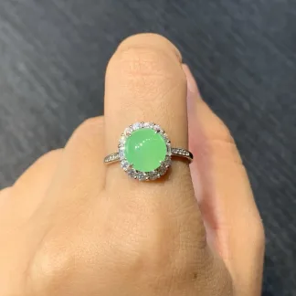 Icy Soft Vivid Green Natural Jadeite Cabochon Ring — S925 Silver · No. 738F