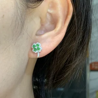 High-Icy Vivid Green Four-Leaf Clover Natural Jadeite Cabochon Stud Earrings — S925 Silver · No. 0BCF
