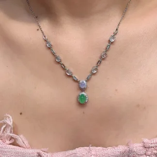 High-Icy White and Green Natural Jadeite Cabochon Necklace — S925 Silver · No. F57B