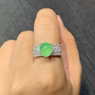 High-Icy Vivid Green Natural Jadeite Cabochon Ring — S925 Silver · No. 9500