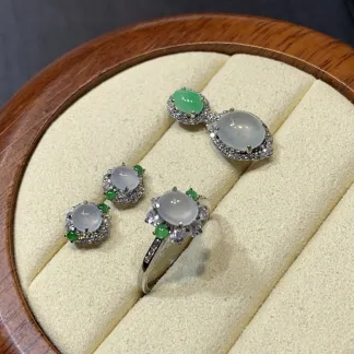 High-Icy Glowing Cabochon Natural Jadeite Three-Piece Cabochon Set — S925 Silver · No. DAEF