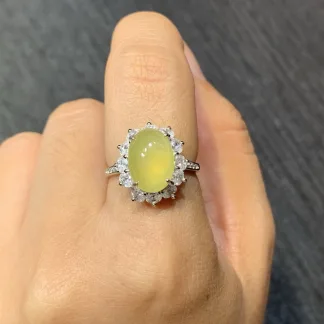 High-Icy Honey Yellow Natural Jadeite Cabochon Ring — S925 Silver · No. 8DC4