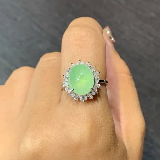 High-Icy Soft Green Natural Jadeite Cabochon Ring — S925 Silver · No. D75F