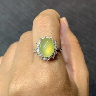 High-Icy Honey Yellow Natural Jadeite Cabochon Ring — S925 Silver · No. 3543