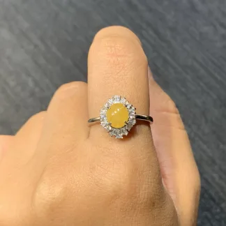 Icy Honey Yellow Natural Jadeite Cabochon Ring — S925 Silver · No. 4251