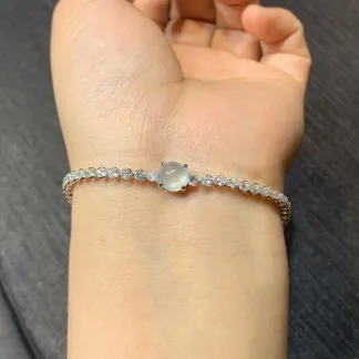 High-Icy Glowing Natural Jadeite Cabochon Bracelet — S925 Silver · No. A0E4