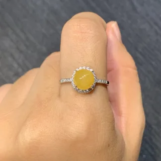 High-Icy Honey Yellow Natural Jadeite Cabochon Ring — S925 Silver · No. 2295