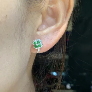 Icy Vivid Green Natural Jadeite Cabochon Stud Earrings — S925 Silver · No. D033