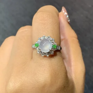 High-Icy Glowing Natural Jadeite Cabochon Ring — S925 Silver · No. F1B7