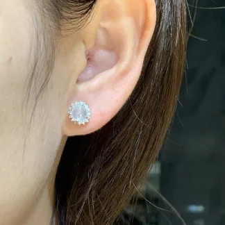 High-Icy Glowing Natural Jadeite Cabochon Stud Earrings — S925 Silver · No. E7C1