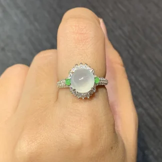 High-Icy Glowing Natural Jadeite Cabochon Ring — S925 Silver · No. 2465