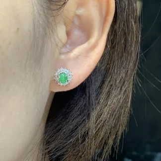 Icy Soft Vivid Green Natural Jadeite Cabochon Stud Earrings — S925 Silver · No. C42D