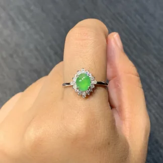 High-Icy Vivid Green Natural Jadeite Cabochon Ring — S925 Silver · No. 1B1A