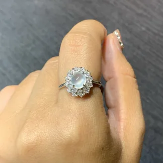High-Icy Glowing Natural Jadeite Cabochon Ring — S925 Silver · No. 5957