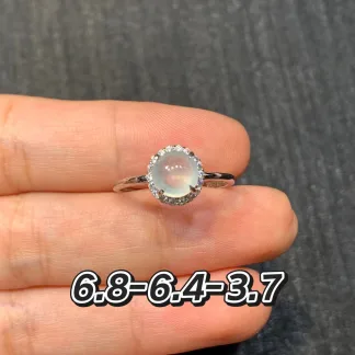High-Icy Glowing Natural Jadeite Cabochon Ring — S925 Silver · No. D779