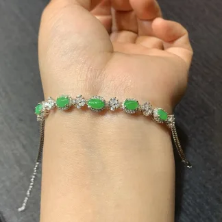 Icy Vivid Green Natural Jadeite Cabochon Bracelet — S925 Silver · No. A1D4