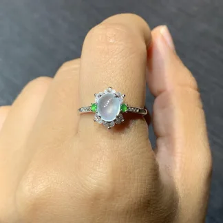 High-Icy Glowing Natural Jadeite Cabochon Ring — S925 Silver · No. 684D
