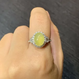 Icy Honey Yellow Natural Jadeite Cabochon Ring — S925 Silver · No. 45B8