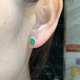 High-Icy Vivid Green Natural Jadeite Cabochon Stud Earrings — S925 Silver · No. C989