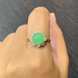 High-Icy Vivid Green Natural Jadeite Cabochon Ring — S925 Silver · No. B342