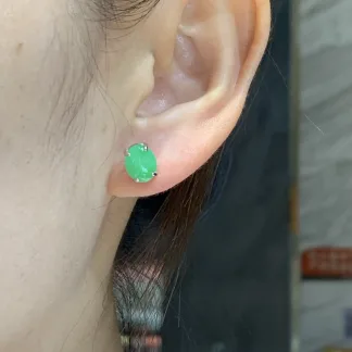 Icy Vivid Green Natural Jadeite Cabochon Stud Earrings — S925 Silver · No. 26B8