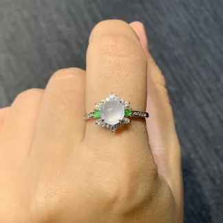 High-Icy Glowing Natural Jadeite Cabochon Ring — S925 Silver · No. 8028