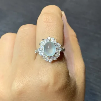 High-Icy Glowing Natural Jadeite Cabochon Ring — S925 Silver · No. 69EC
