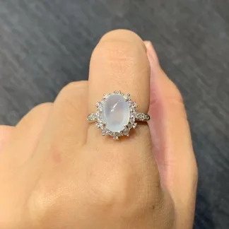 High-Icy Lustrous Natural Jadeite Cabochon Ring — S925 Silver · No. D119