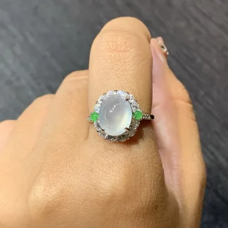 High-Icy Glowing Natural Jadeite Cabochon Ring — S925 Silver · No. 0721
