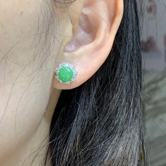 Icy Vivid Green Natural Jadeite Cabochon Stud Earrings — S925 Silver · No. 2CF1