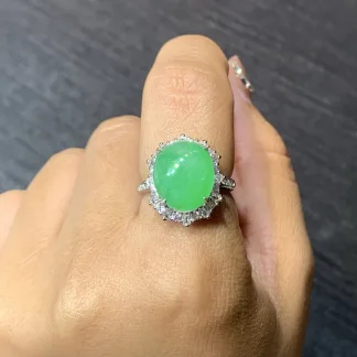 Icy Vivid Green Natural Jadeite Cabochon Ring — S925 Silver · No. CFEF