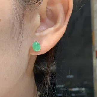 Icy Vivid Green Natural Jadeite Cabochon Stud Earrings — S925 Silver · No. B144
