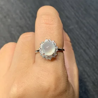 High-Icy Glowing Natural Jadeite Cabochon Ring — S925 Silver · No. B46A
