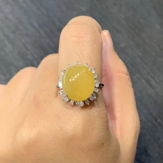 Icy Honey Yellow Natural Jadeite Cabochon Ring — S925 Silver · No. 6714