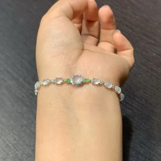 High-Icy Glowing Natural Jadeite Cabochon Bracelet — S925 Silver · No. 15A2