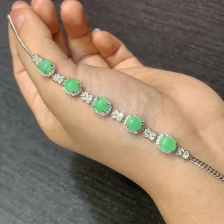 Icy Soft Vivid Green Natural Jadeite Cabochon Bracelet — S925 Silver · No. 62A2
