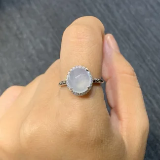 High-Icy Glowing Natural Jadeite Cabochon Ring — S925 Silver · No. C91F