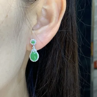 Vivid Green Natural Jadeite Cabochon Drop Earrings — S925 Silver · No. 5C49