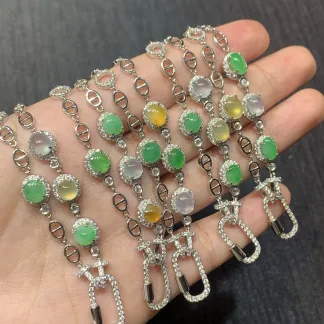 High-Icy Multicolor Natural Jadeite Convertible Cabochon Chain — S925 Silver · No. 5D89